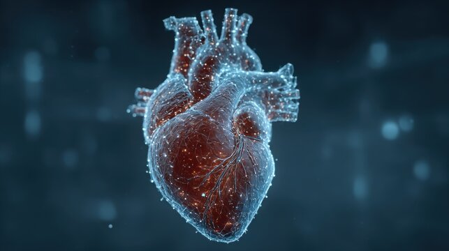 3D digital rendering of a human heart highlighting anatomical details and pulsing effect in a dark, futuristic setting