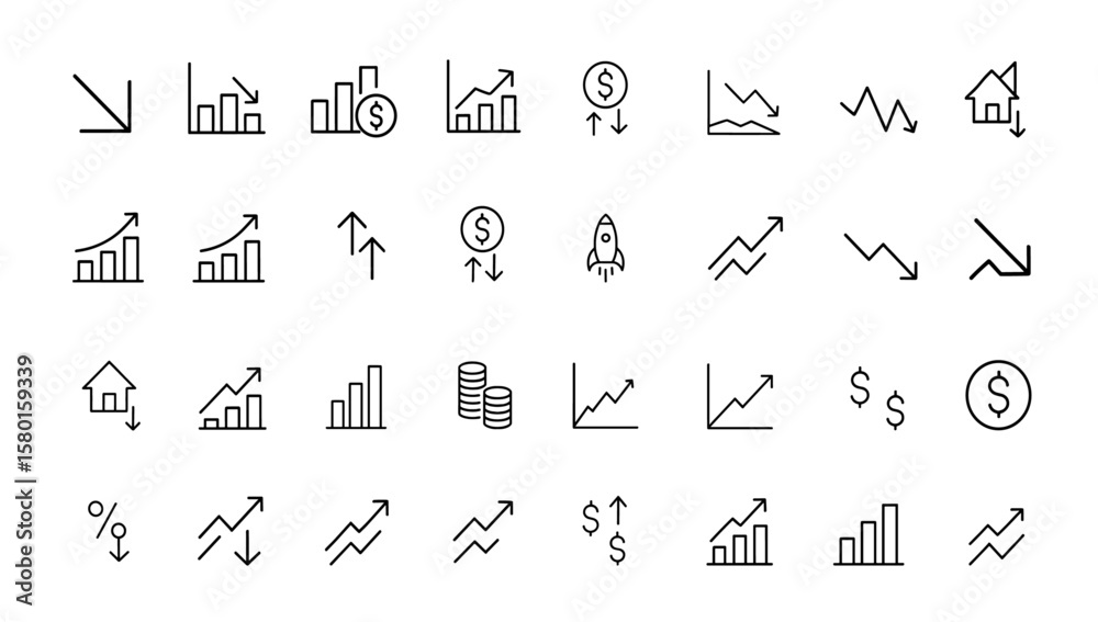 Editable stroke Increase and Decrease icon set with stock market ...