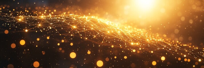 Poster - Luminous Golden Network Connecting Bright Spheres to Create a Galaxy of Dots on Dark Background