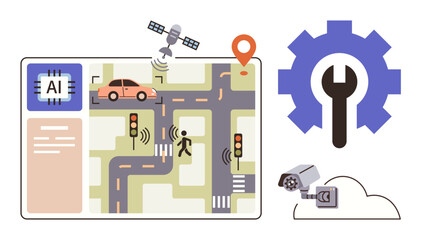 Poster - Smart city map with AI processor, vehicle, pedestrian, sensors, signals, satellite, tools, and camera. Ideal for urban development transportation connectivity surveillance automation technology