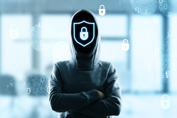 Fototapete - Anonymous person in hoodie with glowing shield padlock icon representing cybersecurity and data protection on digital background.
