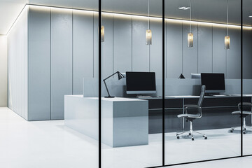 Poster - Modern minimalist corporate office interior with sleek furniture, glass walls, clean workspace, and elegant ceiling lights in neutral tones. 3D Rendering
