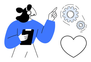Poster - Customer support agent holding clipboard, wearing headset, pointing at cogwheels and heart. Ideal for service quality, innovation, teamwork, technical support, care communication operations. A