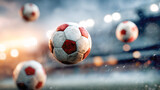 Soccer balls are flying through the air during a dramatic match, showcasing the excitement and energy of the game in a vibrant stadium atmosphere