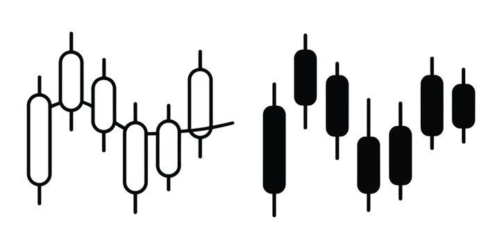 Chart candlestick icons in black line and filled versions.Chart candlestick vector icon set black filled and outlined style.