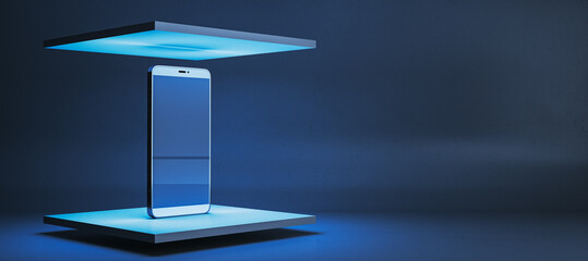 Poster - Futuristic smartphone floating between glowing platforms in a clean, dark space with blue lighting, showcasing modern mobile device technology concept. 3D Rendering