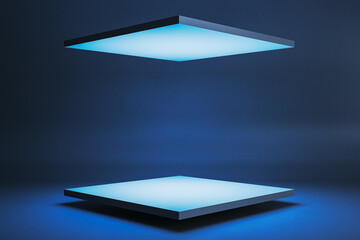 Aufkleber - glowing blue rectangular platforms floating in a dark modern exhibition room with soft lighting and 