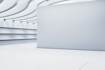 Poster - Futuristic empty showroom with wave ceiling and blank wall for mockup or display in modern architectural interior space concept. 3D Rendering