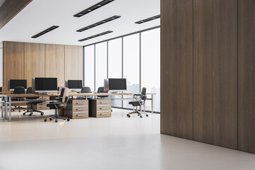 Poster - Modern empty office interior with wooden walls, large windows, clean desks, and computer workstations in a spacious corporate workspace.. 3D Rendering