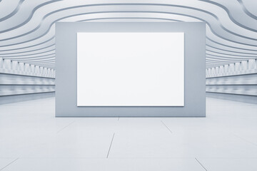Poster - Futuristic interior with curved wave ceiling and large blank poster frame on display wall in clean modern showroom space. 3D Rendering
