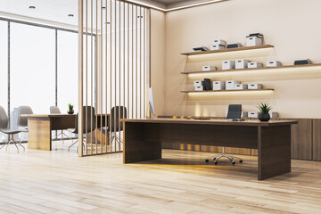 Poster - Modern executive office interior with wooden furniture, bookshelves, and spacious layout overlooking city through large glass windows. 3D Rendering