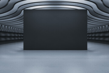 Poster - Futuristic dark showroom interior with blank black wall for mockup or presentation in modern wave ceiling architecture design space. 3D Rendering