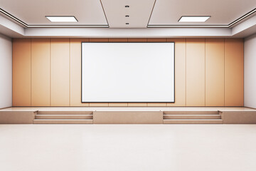 Poster - Modern empty stage with blank screen in conference room interior, ideal for product presentation, billboard or poster mockup template display. 3D Rendering
