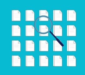 Poster - Document search animation in document management system. Magnifying glass highlighting files. Data organization concept. Simple flat design for file discovery.