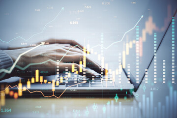 Poster - Hands typing on laptop with financial index chart overlay on light background, symbolizing digital market analysis and forex trading growth.