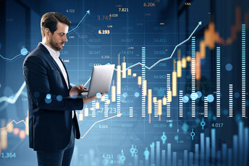 Poster - Businessman using laptop analyzing digital financial charts on futuristic virtual interface with forex and stock market data overlayed.