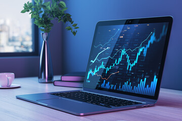 Poster - Digital forex and financial market chart on laptop screen in modern office environment with contemporary decor and analytical display concept. 3D Rendering