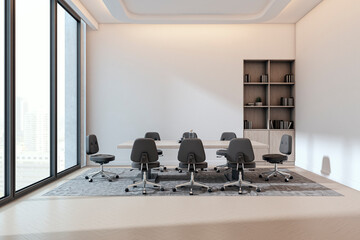 Poster - Modern empty conference room with city view, minimalist furniture, large windows, and natural sunlight creating shadows on clean white walls. 3D Rendering