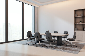 Poster - Modern executive conference room with large windows, sleek furniture, and city view in a spacious professional office interior setting. 3D Rendering