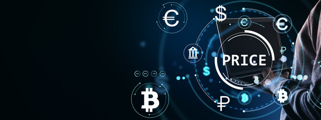 Poster - Digital currency price interface with glowing financial symbols and a person using a laptop on a dark futuristic background concept design.