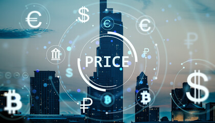 Poster - Digital currency symbols with price interface overlay on modern cityscape background at dusk, showing abstract fintech and forex network concept.