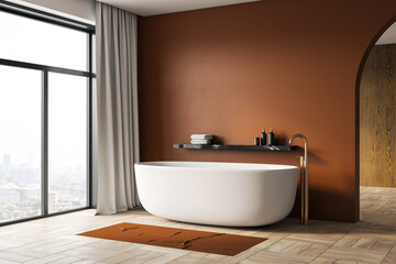 Poster - Modern minimalist bathroom with white bathtub, brown wall, and large window overlooking city view in stylish luxury home interior design. 3D Rendering