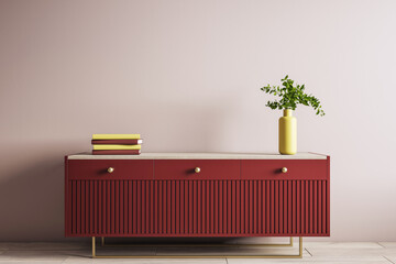 Poster - Modern red wooden sideboard with yellow vase and books against beige wall in stylish interior room with empty space for design mockup concept.. 3D Rendering