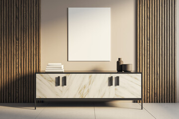 Poster - Modern minimalist dresser with marble texture and blank vertical poster frame in elegant hallway interior with wood panel wall decor. 3D Rendering
