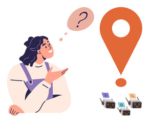 Poster - Pondering woman with thought bubble and question mark near geolocation marker and search-related icons. Ideal for navigation, directions, exploration, decision-making, problem-solving, creativity