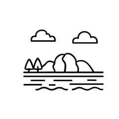 Poster - Simple line art icon depicting a serene natural landscape with mountains, trees, water, and clouds under an open sky.