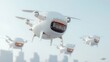 © Iaroslav - White delivery drones transporting packages soar over innovation blurred city skyline, showcasing a bright daylight scene filled with urban a