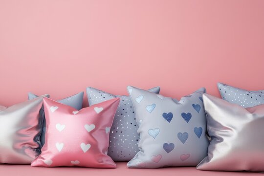 Pink pillows with blue hearts on them. Pink pillows with silver and blue heart designs isolated on pink background, 3D Rendering.