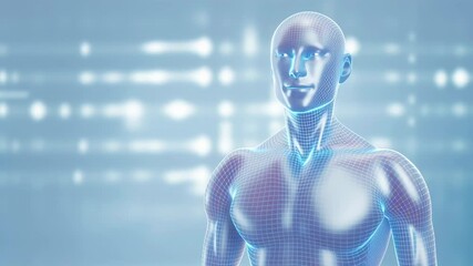 Fototapete - Animation. Digital human figure with a futuristic design, showcasing a holographic appearance against a blurred background of glowing lights, representing technology and innovation in modern art