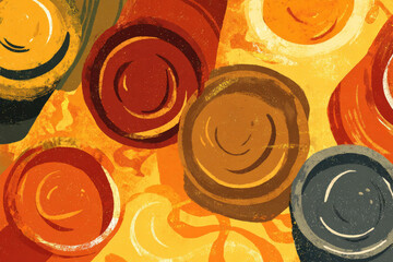Aufkleber - Abstract food chain shapes drawn with sauces in vibrant colors, featuring circular patterns and textured brushstrokes, creating playful and energetic mood