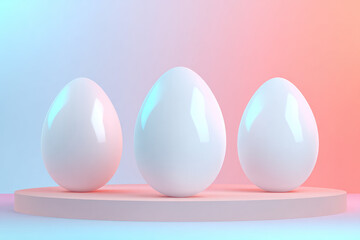 Aufkleber - Three glossy white eggs arranged in calm composition on round platform, soft pastel blue and pink background, minimal abstract style, peaceful and modern atmosphere