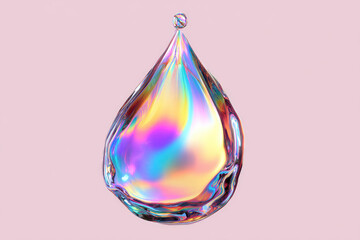 Aufkleber - Iridescent water drop, abstract isometric style, floating on pastel pink background, vibrant colors, glossy surface, modern digital art, dreamy and futuristic mood