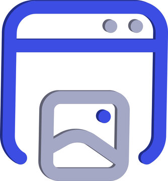 Abstract 3d rendering of a stylized browser window displaying a landscape image with a blue frame and gray elements isolated on transparent background