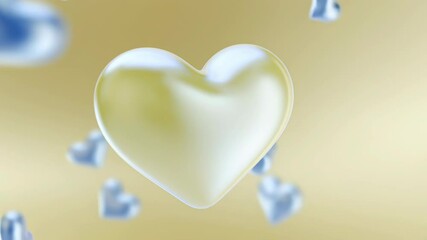 Aufkleber - Animation. Heart-shaped transparent object surrounded by smaller blue hearts on a soft golden background, creating a romantic and dreamy atmosphere for various design projects