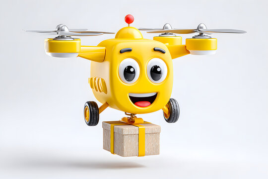 A playful yellow drone delivers a wrapped gift, featuring a cheerful smiley face in a modern 3D rendering. Ai Generated Images