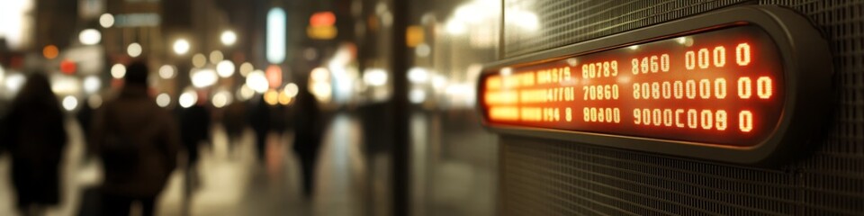 Poster - Dynamic Financial District with Neon Stock Market Displays and Busy People Walking in Downtown City