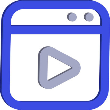 Modern 3d blue browser window with a light purple play button and dots isolated on transparent background