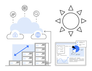 Poster - Cloud hosting servers, data scaling graphs, analytics dashboard, and network icons with a sun. Ideal for cloud innovation, data security, team collaboration, digital growth, IT solutions server