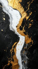 Poster - Luxurious black marble surface interrupted by golden metallic stream, representing abstract fluid dynamics contrast elegant high with elements