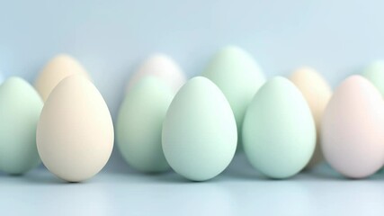 Poster - Animation. Colorful pastel eggs arranged in a row on a soft blue background, showcasing various shades and textures, symbolizing spring and celebration of new beginnings