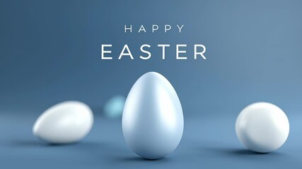 Poster - Animation. Colorful eggs in various shades scattered on a soft blue background, with a cheerful greeting for Easter, creating a festive and joyful atmosphere for celebration