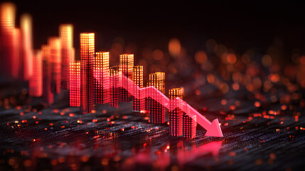 Poster - Down fall trend red arrow graph, Red arrow chart graph in downward direction, concept of stock market fall, financial loss. Stock Illustration