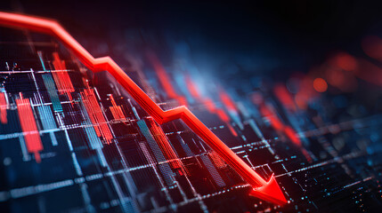 Poster - Down fall trend red arrow graph, Red arrow chart graph in downward direction, concept of stock market fall, financial loss. Stock Illustration