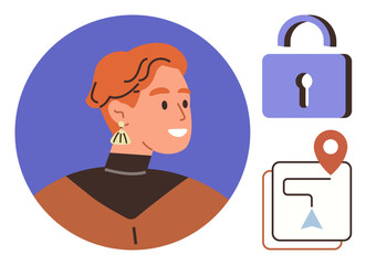 Poster - Person with short hair and earring in focus, lock icon for security, map with location marker for navigation. Ideal for privacy, security, navigation, user profiles, travel, safety simple landing