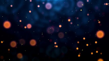 Wall Mural - Abstract captivating loop animation of colorful confetti and bright orange lights and bokeh against a dark backdrop, creating a joyful and dynamic celebration. Seamless endless footage.