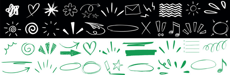 Wall Mural - doodle sketch icon set including arrows, hearts, stars, music notes, highlights, and swirls. perfect